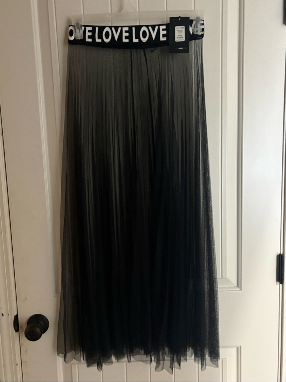 Black sheer Pleated Tulle Maxi Skirt with 'LOVE' Elastic Waistband